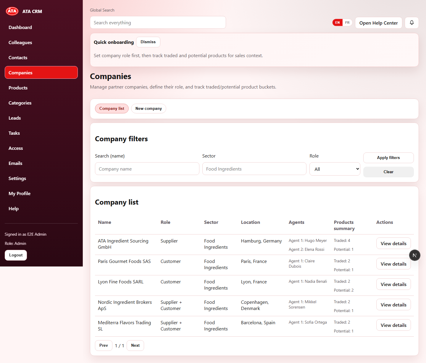 ATA CRM version 2 companies screen