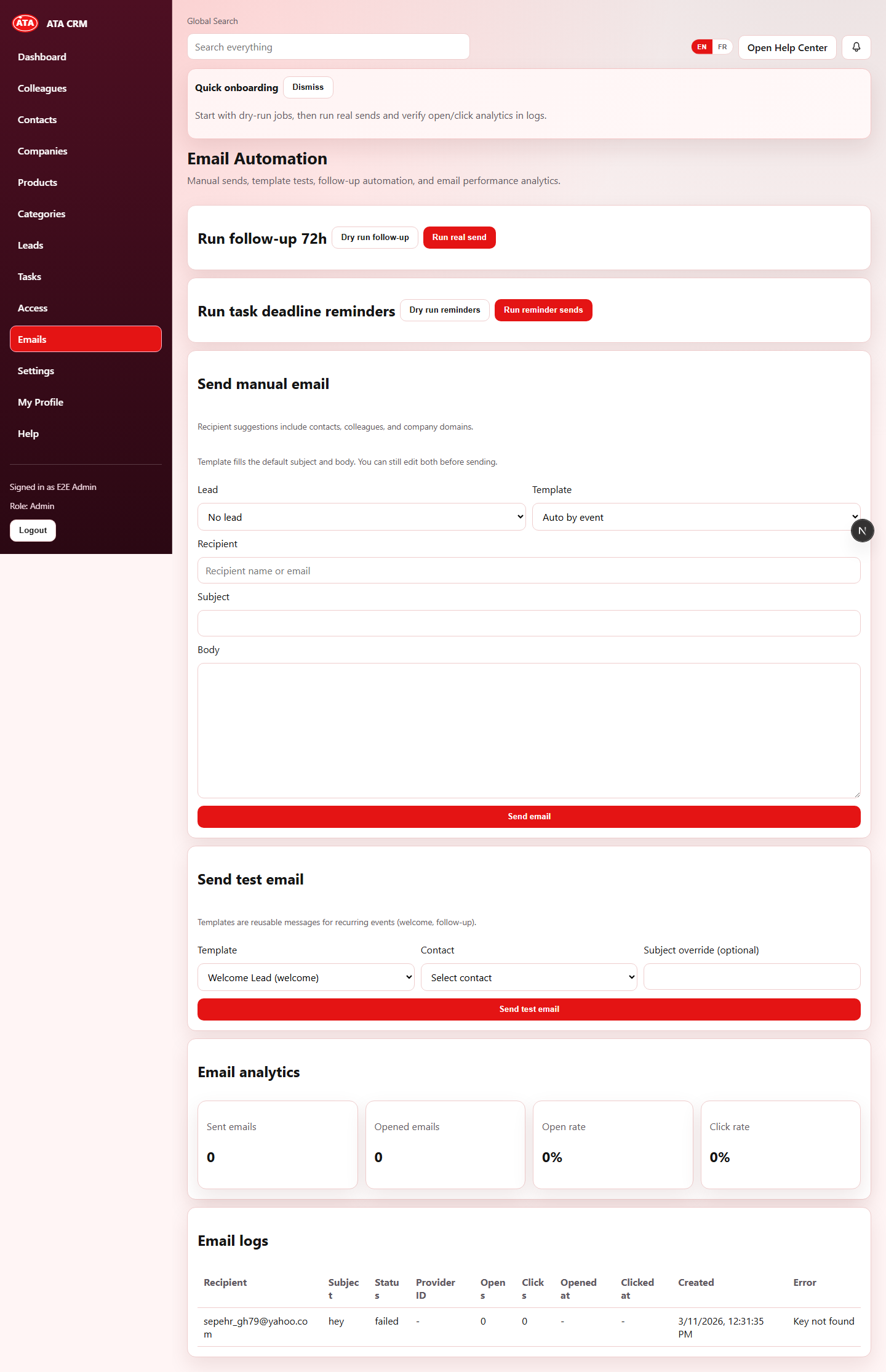 ATA CRM version 2 emails screen