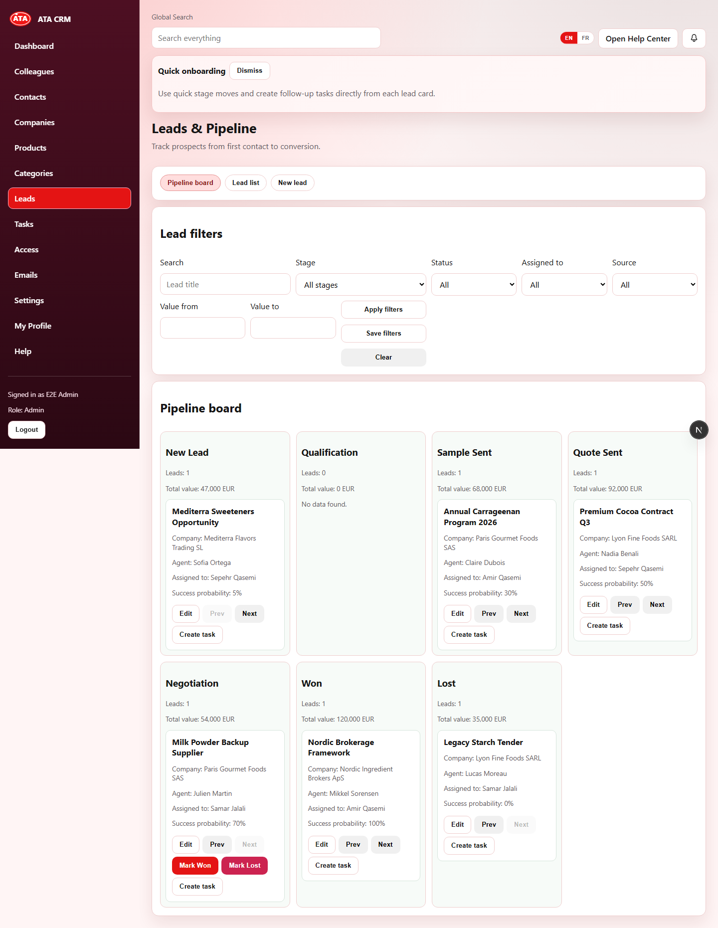 ATA CRM version 2 leads screen