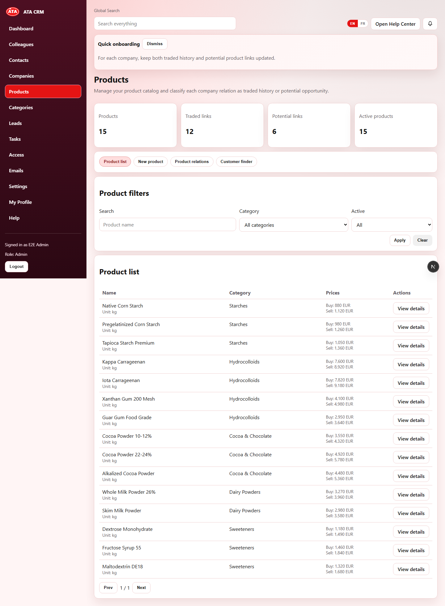 ATA CRM version 2 products screen